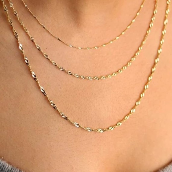 10k Yellow Real Solid Gold Singapore Chain Necklace, 1.5mm