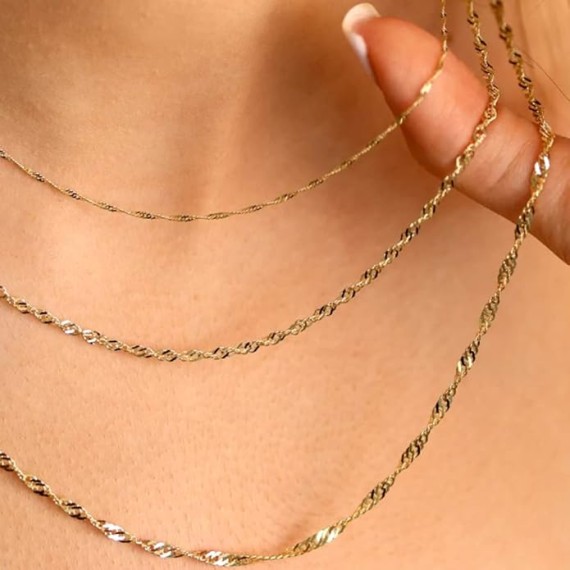 10k Yellow Real Solid Gold Singapore Chain Necklace, 1.5mm
