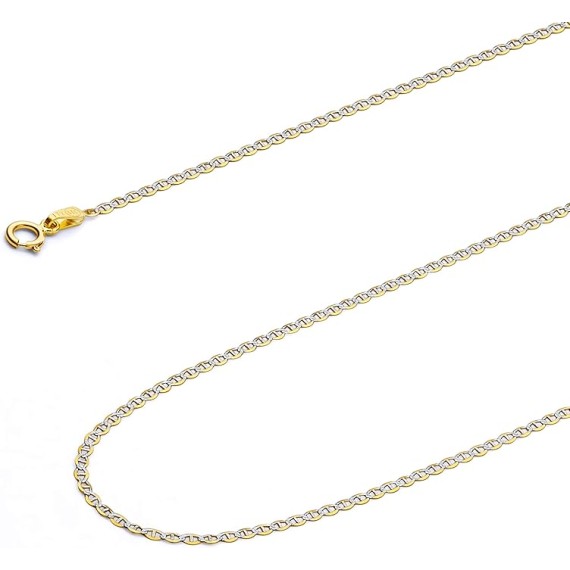14k Real Two Tone Gold Solid 1.5mm Flat Mariner Chain Necklace with Spring Ring Clasp
