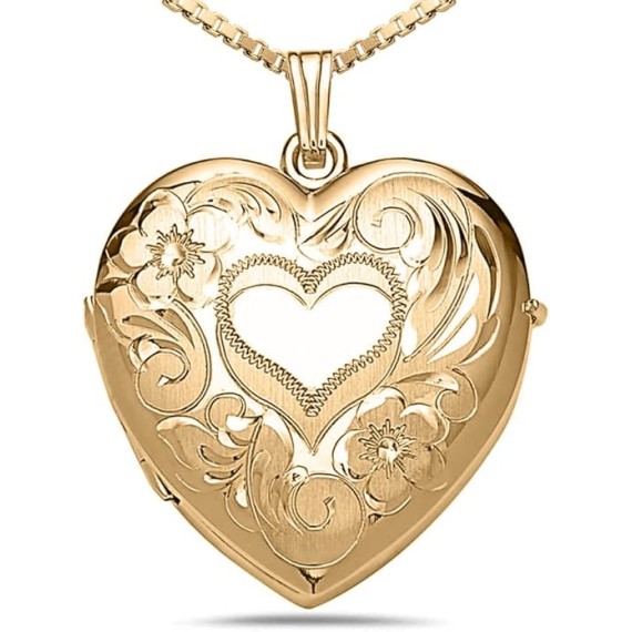 Personalized Photo Engraved Heart Shaped Custom Photo Pendant/Photo Necklace/Photo Charm with 4-Page Photo Heart Locket 1 1/4 Inch x 1 1/4 Inch in 14K Gold Filled