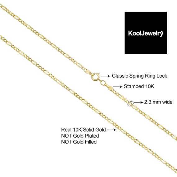 KoolJewelry Real 10k Yellow Gold 2.3 mm Figaro Link Chain Necklace (16, 18, 20, 22, 24 or 30 inch)