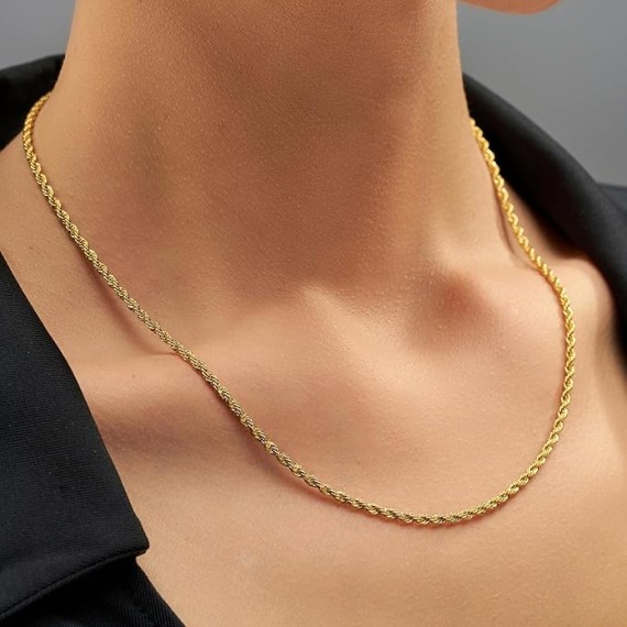 2mm Gold Rope Chain for Men & Women 24k Real Gold Plated Diamond Cut Gold Necklace for Women & Necklace for Men 14 to 36 Inch | Gold | White Gold