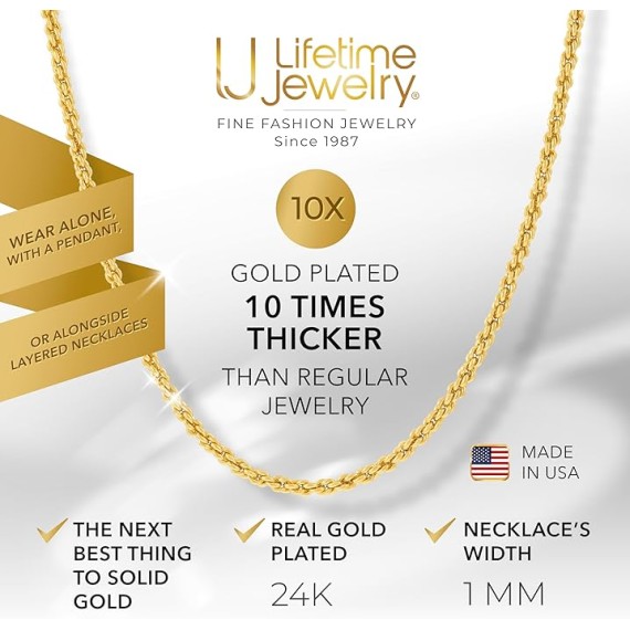 1mm Gold Chain for Men & Women 24k Real Gold Plated Diamond Cut Rope Chain 14 to 30 Inch