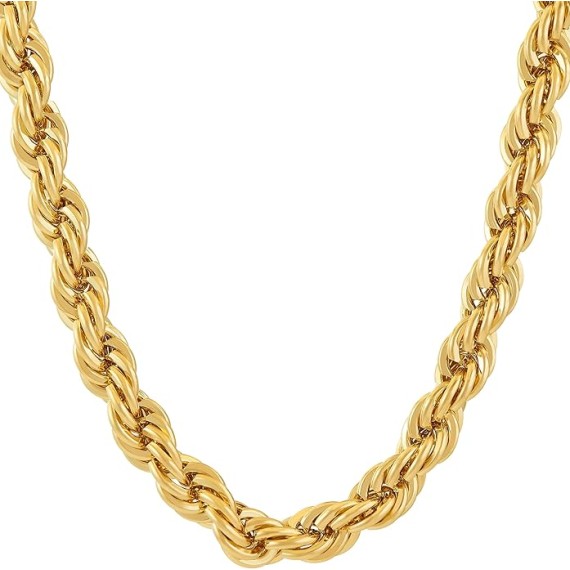 7mm Rope Chain Necklace 24k Real Gold Plated for Men and Women