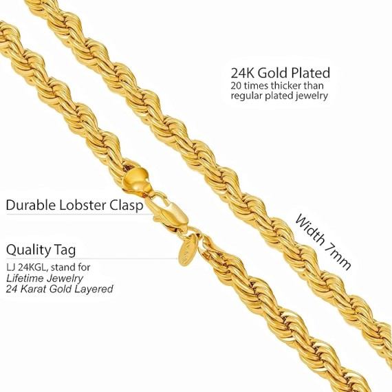 7mm Rope Chain Necklace 24k Real Gold Plated for Men and Women