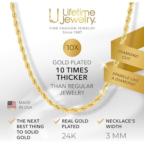 24k Real Gold Plated 3mm Gold Rope Chain for Men & Women Diamond Cut Gold Chain Necklace Women & Necklace for Men 14 to 36 Inch