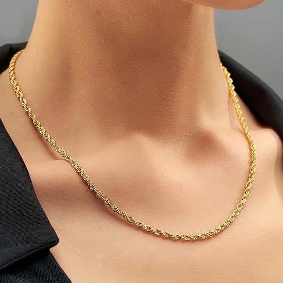 24k Real Gold Plated 3mm Gold Rope Chain for Men & Women Diamond Cut Gold Chain Necklace Women & Necklace for Men 14 to 36 Inch