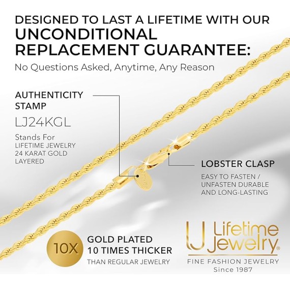24k Real Gold Plated 3mm Gold Rope Chain for Men & Women Diamond Cut Gold Chain Necklace Women & Necklace for Men 14 to 36 Inch