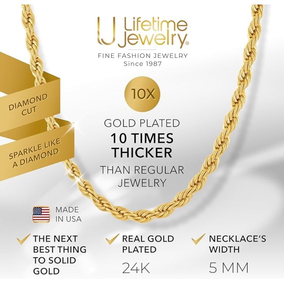 5mm White Gold Chain for Men & Women 24k Real Gold Plated Diamond Cut Gold Rope Chain for Men & Gold Chain Necklace Women 16 to 36 Inch
