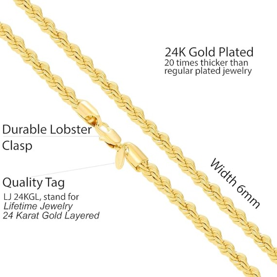 6mm Rope Chain Necklace for Women and Men 24k Real Gold Plated