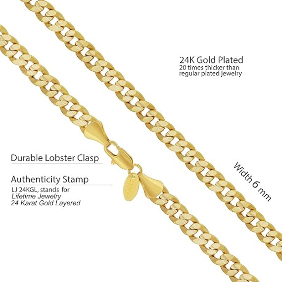 Cuban Link Chain Necklace 24k Gold Plated for Men and Women (6mm & 9.5mm)