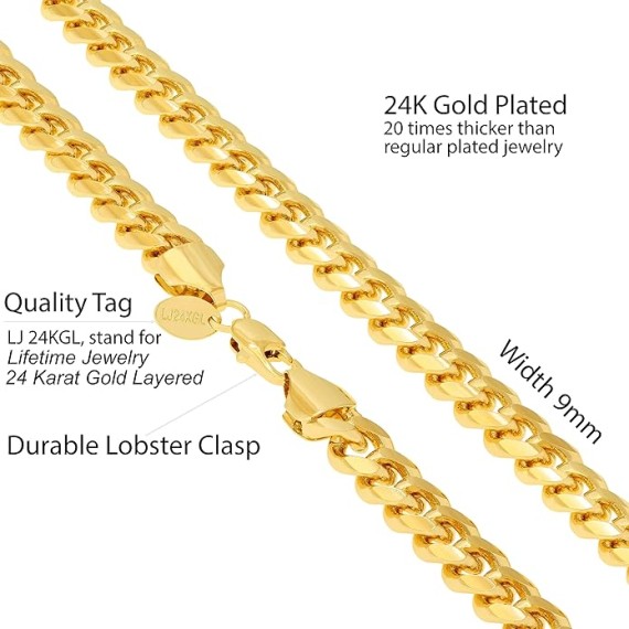 9mm Miami Curb Cuban Link Chain Necklace 24k Gold Plated