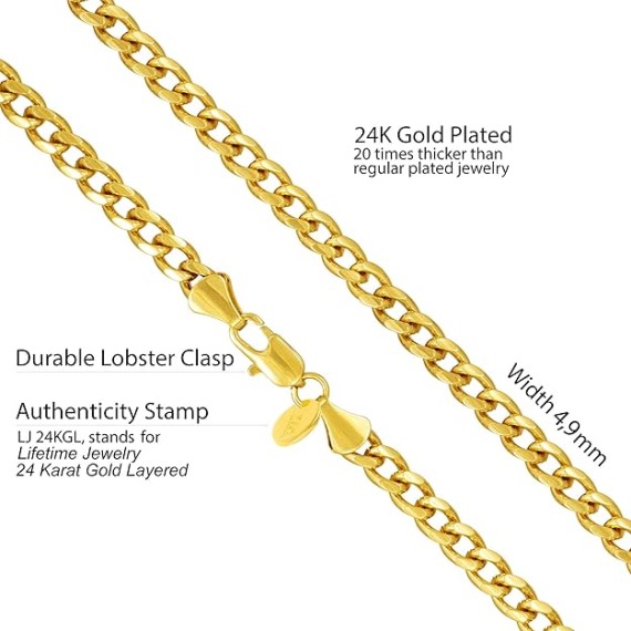 5mm Cuban Link Chain Necklace for Women and Men 24k Gold Plated