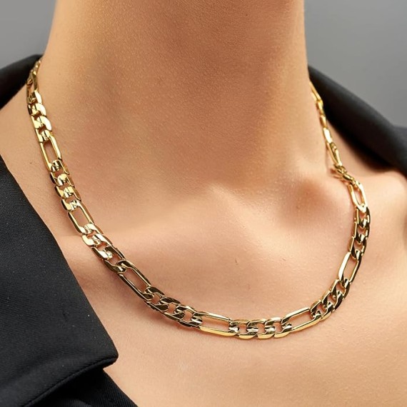 7mm Figaro Chain Necklace Diamond Cut 24k Real Gold Plated