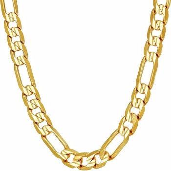 7mm Figaro Chain Necklace Diamond Cut 24k Real Gold Plated