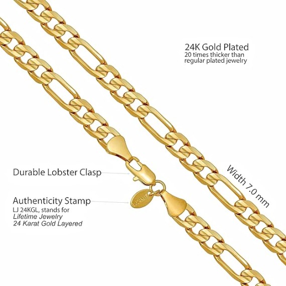 7mm Figaro Chain Necklace Diamond Cut 24k Real Gold Plated