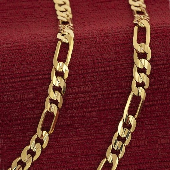 7mm Figaro Chain Necklace Diamond Cut 24k Real Gold Plated