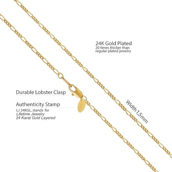 1.5mm Figaro Chain Necklace Women and Men 24k Real Gold Plated