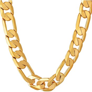 Beveled Figaro Chain Necklaces for Women and Men 24k Real Gold Plated (6.5mm, 8mm, 9.5mm & 11mm)