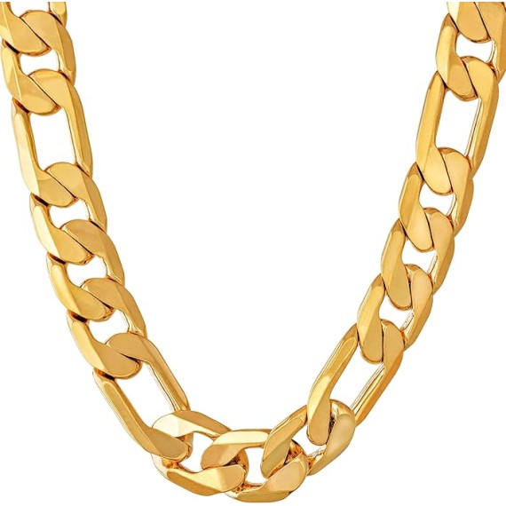 Beveled Figaro Chain Necklaces for Women and Men 24k Real Gold Plated (6.5mm, 8mm, 9.5mm & 11mm)