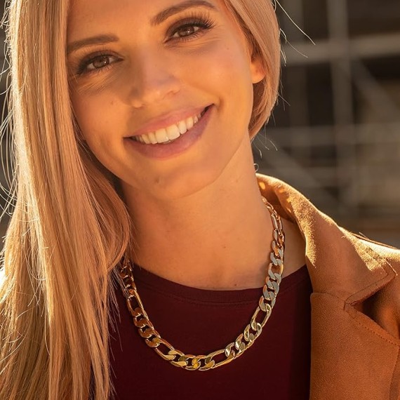 Beveled Figaro Chain Necklaces for Women and Men 24k Real Gold Plated (6.5mm, 8mm, 9.5mm & 11mm)