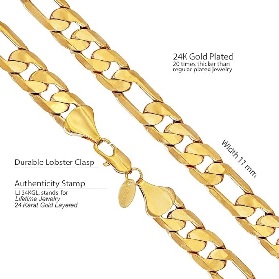Beveled Figaro Chain Necklaces for Women and Men 24k Real Gold Plated (6.5mm, 8mm, 9.5mm & 11mm)