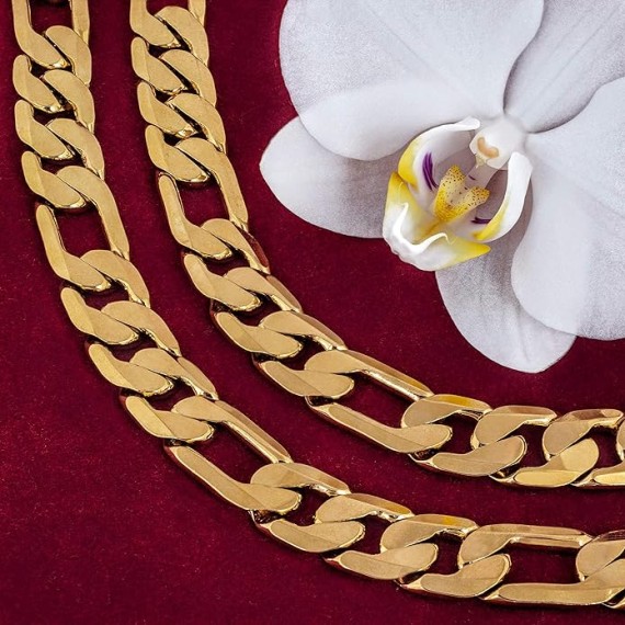 Beveled Figaro Chain Necklaces for Women and Men 24k Real Gold Plated (6.5mm, 8mm, 9.5mm & 11mm)