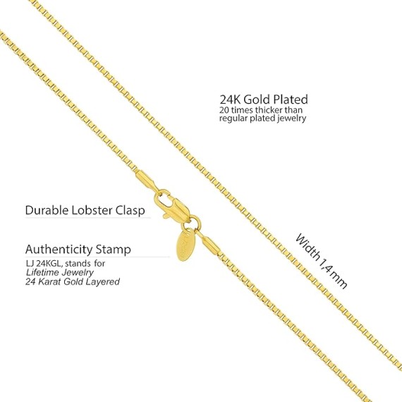 1.4mm Box Chain Necklace for Women and Men 24k Real Gold Plated