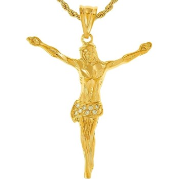 Cubic Zirconia Jesus Pendant Cross Necklace 24k Gold Plated