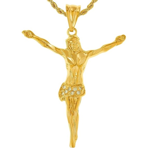 Cubic Zirconia Jesus Pendant Cross Necklace 24k Gold Plated