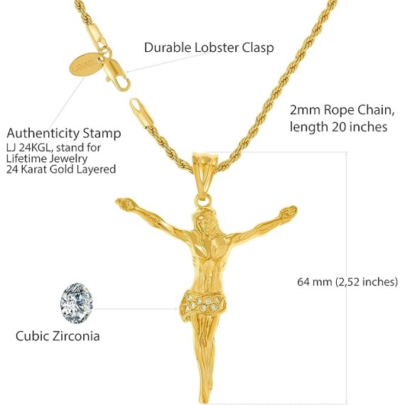Cubic Zirconia Jesus Pendant Cross Necklace 24k Gold Plated