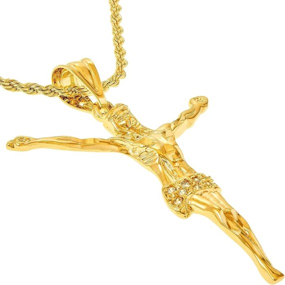 Cubic Zirconia Jesus Pendant Cross Necklace 24k Gold Plated