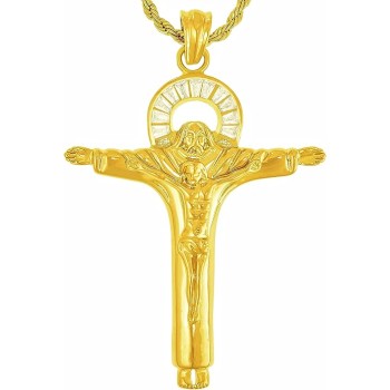 Large CZ Halo Jesus Pendant Cross Necklace 24k Gold Plated