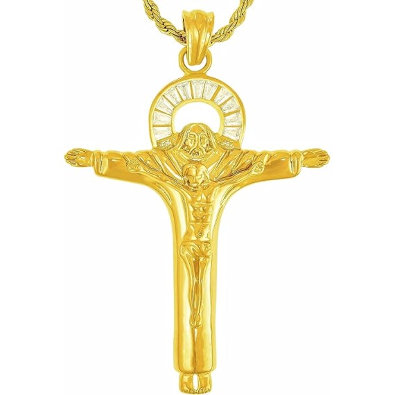 Large CZ Halo Jesus Pendant Cross Necklace 24k Gold Plated