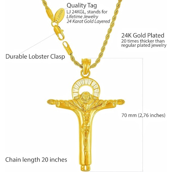 Large CZ Halo Jesus Pendant Cross Necklace 24k Gold Plated
