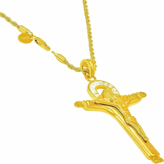 Large CZ Halo Jesus Pendant Cross Necklace 24k Gold Plated