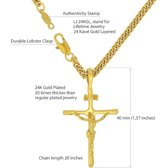 Classic Cross Necklace Chain for Men & Women 24k Real Gold Plated