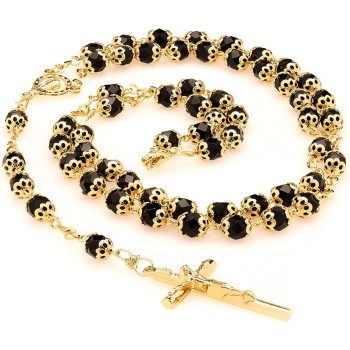 Rosary Necklace Black Crystal Prayer Beads 24K Real Gold Plated
