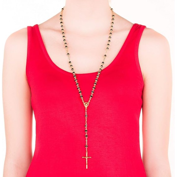 Rosary Necklace Black Crystal Prayer Beads 24K Real Gold Plated