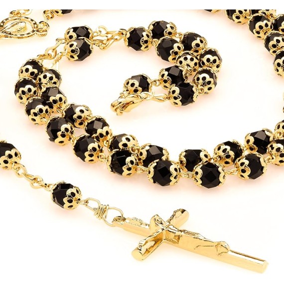 Rosary Necklace Black Crystal Prayer Beads 24K Real Gold Plated