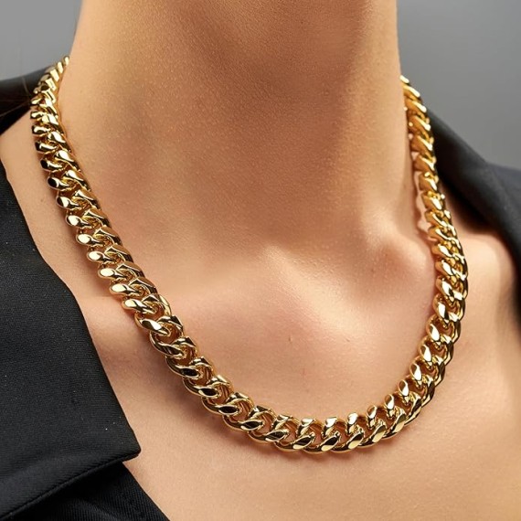 11mm Cuban Link Miami Curb Chain Necklace for Men Women Diamond Cut 24k Real Gold Plated