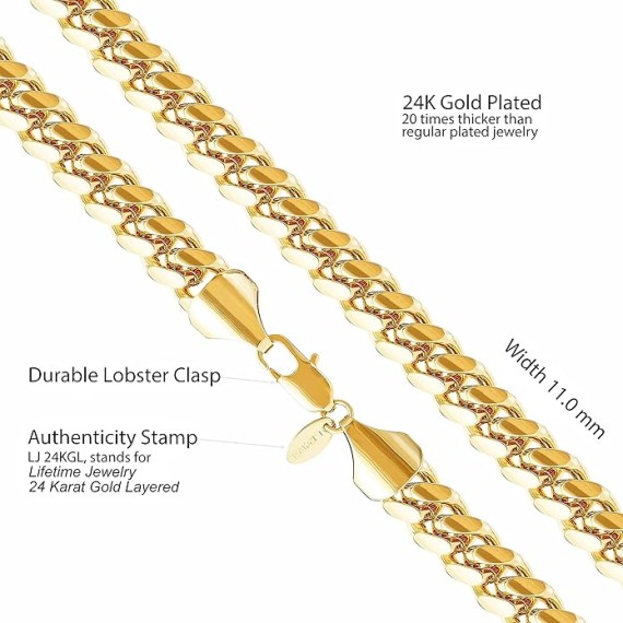 11mm Cuban Link Miami Curb Chain Necklace for Men Women Diamond Cut 24k Real Gold Plated