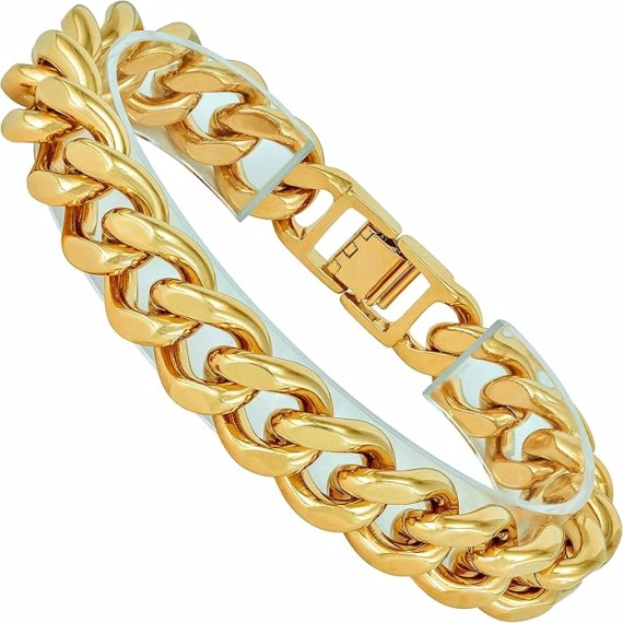 15mm Miami Curb Cuban Link Chain Bracelet 24k Real Gold Plated