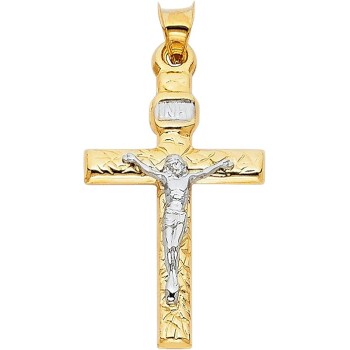 14K Two Tone Gold Crucifix Cross Religious Charm Pendant - 31x20 MM Real Gold Crucifix Charm Necklace Pendant - Great Gift for Men and Women