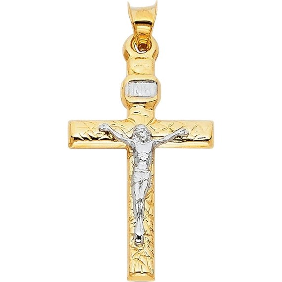 14K Two Tone Gold Crucifix Cross Religious Charm Pendant - 31x20 MM Real Gold Crucifix Charm Necklace Pendant - Great Gift for Men and Women