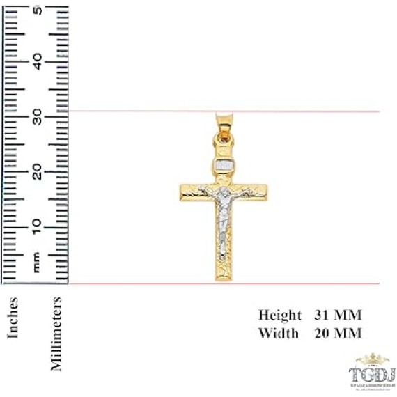 14K Two Tone Gold Crucifix Cross Religious Charm Pendant - 31x20 MM Real Gold Crucifix Charm Necklace Pendant - Great Gift for Men and Women