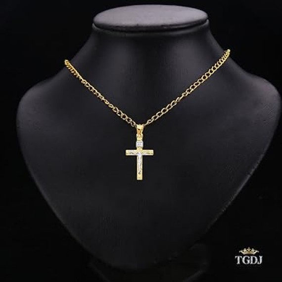 14K Two Tone Gold Crucifix Cross Religious Charm Pendant - 31x20 MM Real Gold Crucifix Charm Necklace Pendant - Great Gift for Men and Women