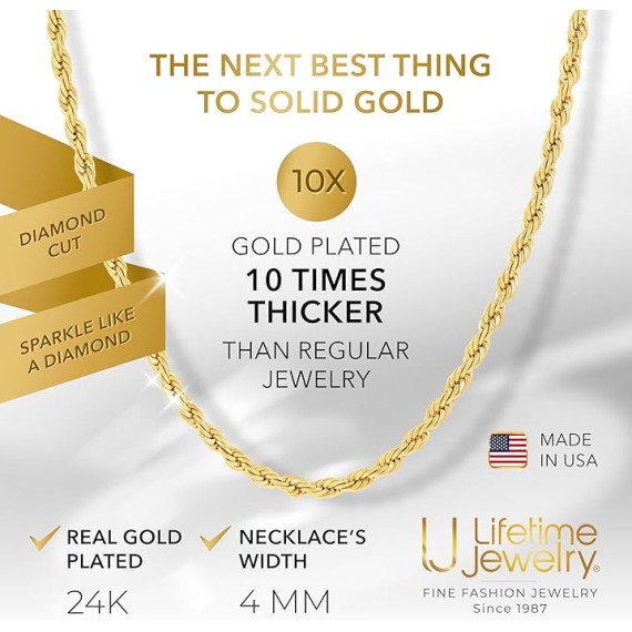 4mm Gold Rope Chain for Men & Women 24k Real Gold Plated Diamond Cut Gold Necklace 16 to 30 Inch