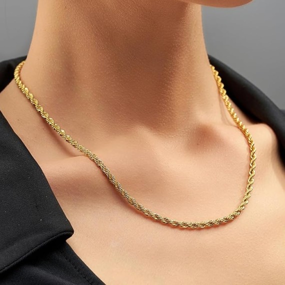 4mm Gold Rope Chain for Men & Women 24k Real Gold Plated Diamond Cut Gold Necklace 16 to 30 Inch