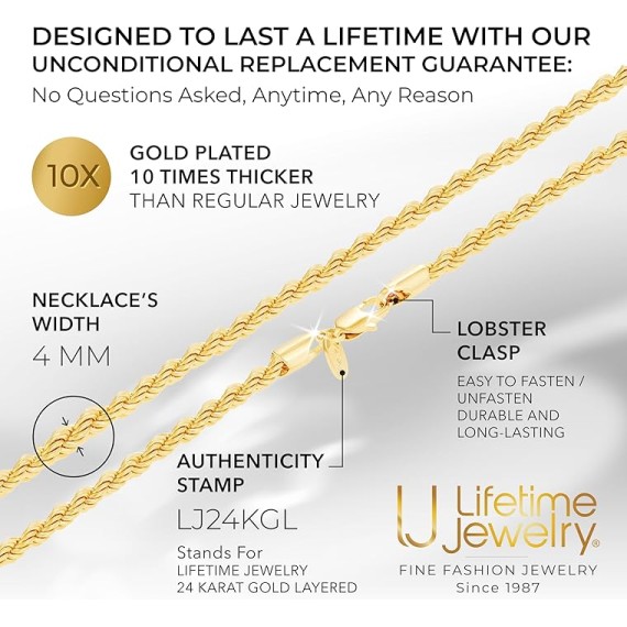 4mm Gold Rope Chain for Men & Women 24k Real Gold Plated Diamond Cut Gold Necklace 16 to 30 Inch